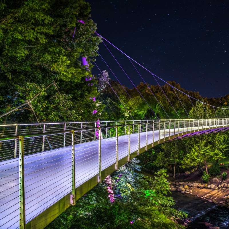 Illuminated Liberty Bridge in Falls Park in Downtown Greenville South Carolina