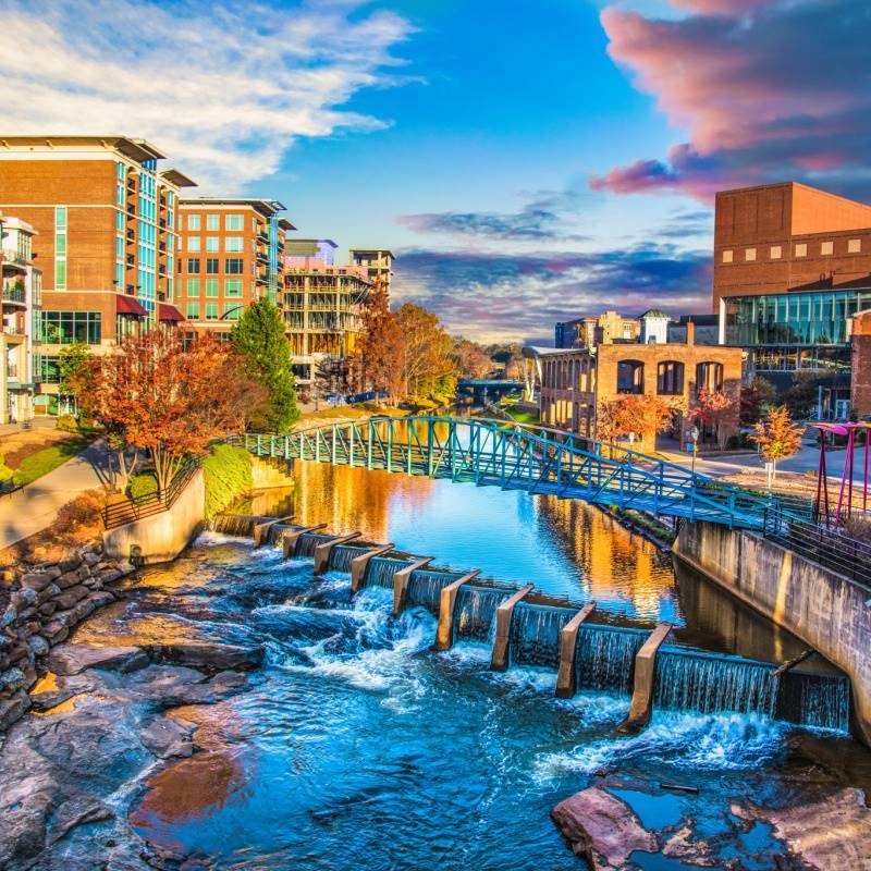 Reedy River and Skyline in Downtown Greenville South Carolina SC