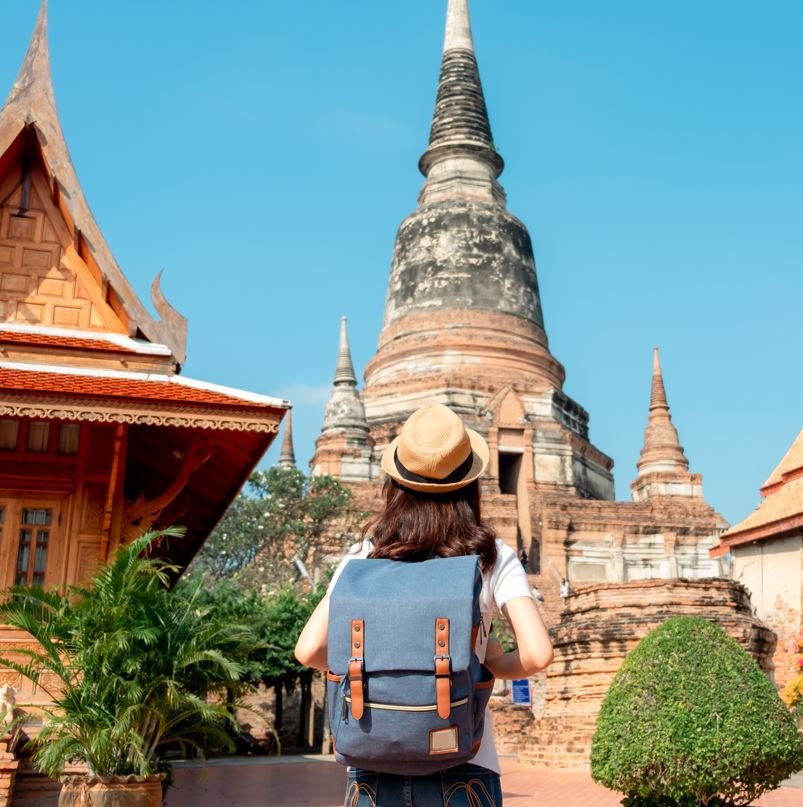 Woman looking at a temple in thailand, destinations