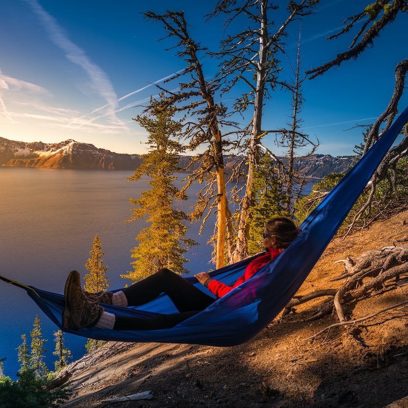 Woman enjoying the view from hammock