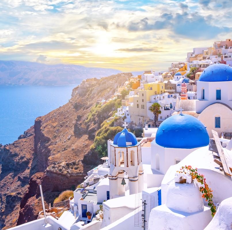 Santorini Greece village at sunset, destinations