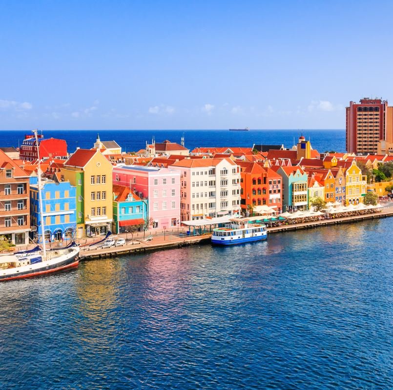 curacao dutch style architecture with blue sky in background