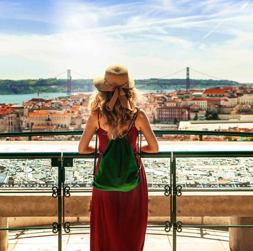 Woman in Lisbon Portugal Looking at city