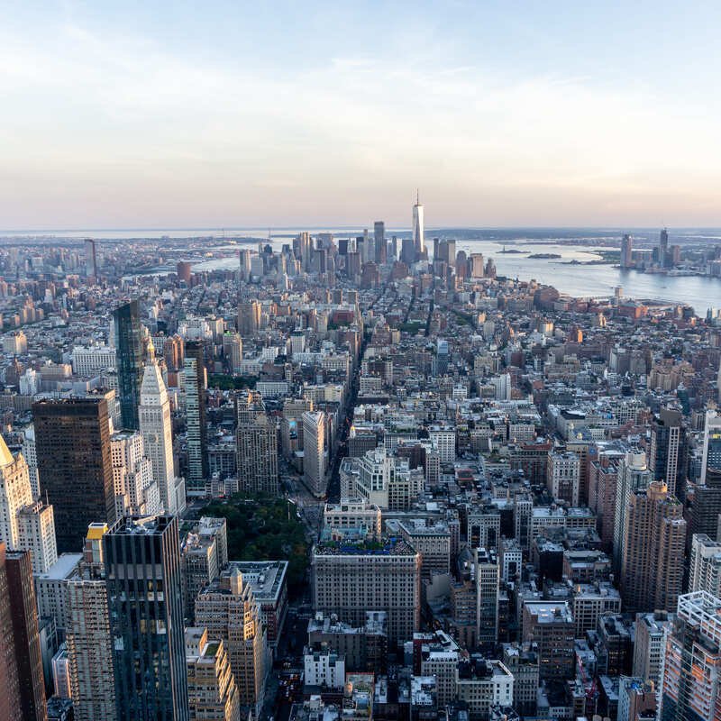 Aerial View Of The Skyscraper Filled Skyline Of New York City, United States