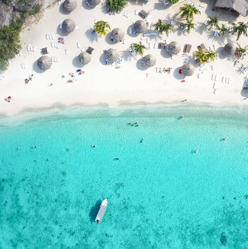 Curaçao Overhead aerial shot of beach and ocean with tiki huts on beach