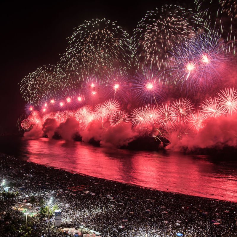 Fireworks on copacabana beach, Rio de Janeiro, Brazil to celebrate the New Year