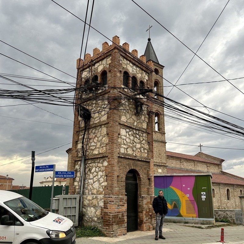 Old Bell Tower Surrounded By Power Cables In Prizren, Kosovo