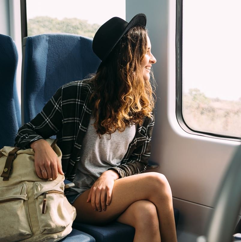 Woman enjoying a ride on a train