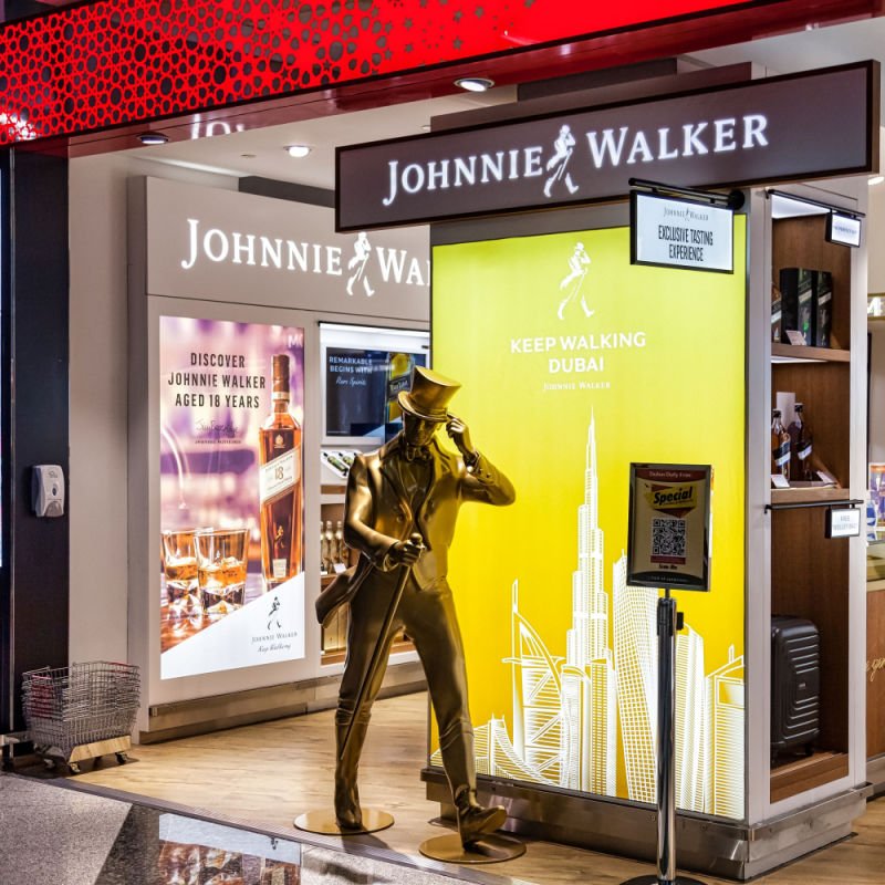 Duty free store Johnnie Walker alcohol company for duty-free operations at International Airport.