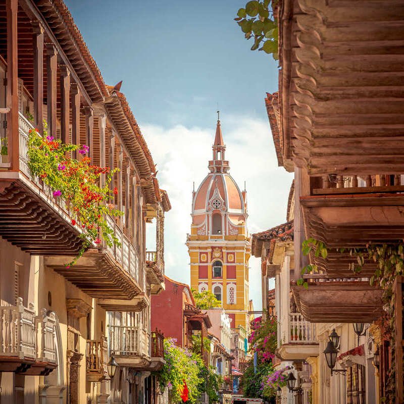 Colonial Era Buildings Inside The Walled City Of Cartagena, Colombia, South America