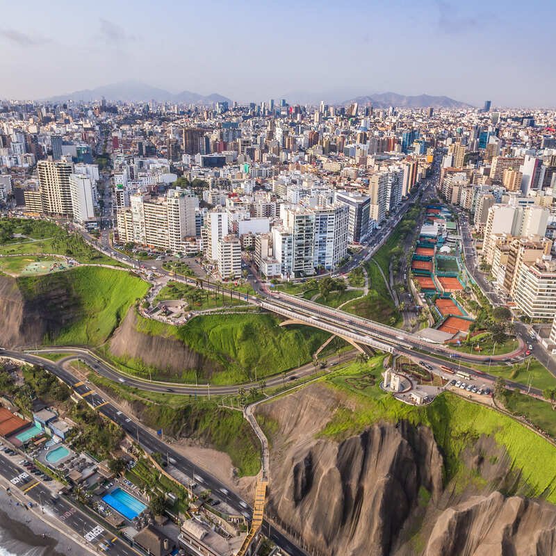 Aerial View Of Miraflores Town, A Coastal Area In Lima, The Capital City Of Peru, South America