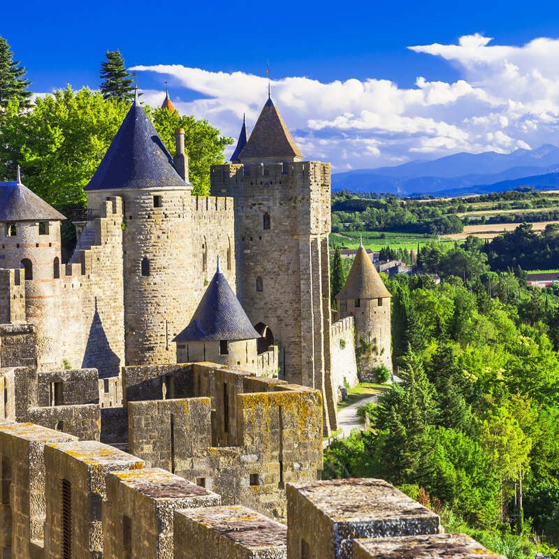 Medieval City Of Carcassone In The Aude Departement Of France, A Well-Preserved Medieval Citadel Of Europe