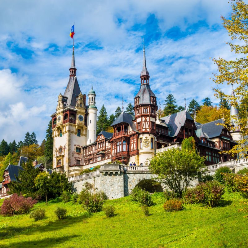 Peles castle Sinaia in autumn season, Transylvania, Romania protected by Unesco World Heritage Site