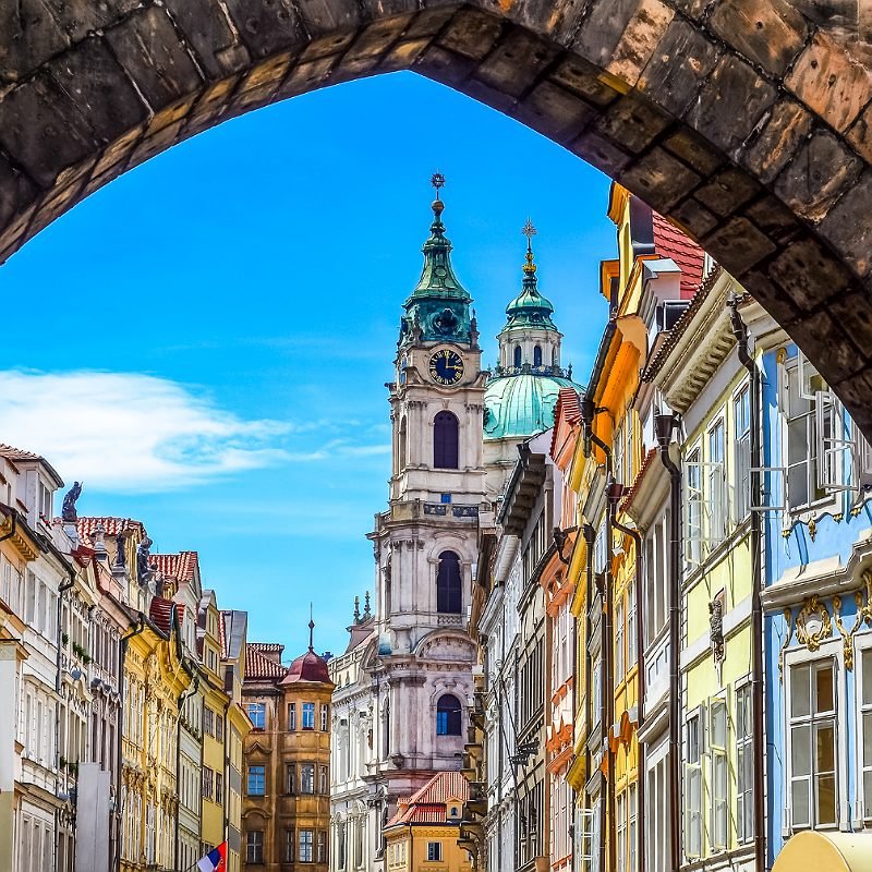 View of colorful old town in Prague taken from Charles bridge, Czech Republic