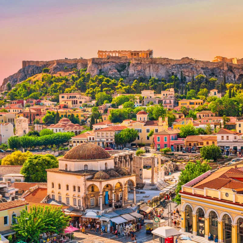 Skyline of Athens with Monastiraki square and Acropolis hill during sunset. Athens, Greece