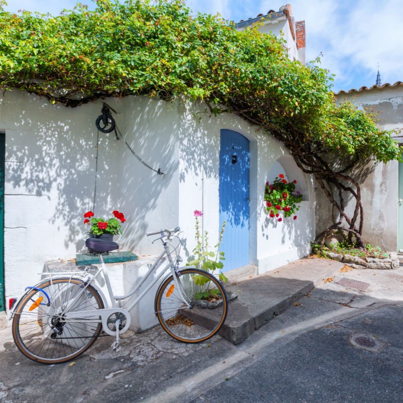 Alley in the city of Ars en Re with a bicycle leaning against a white building with ivy growing on top.
