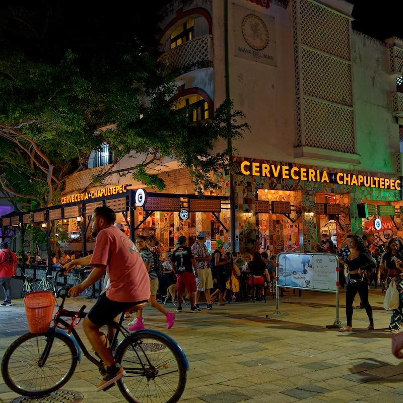 Busy street in Playa del Carmen at night