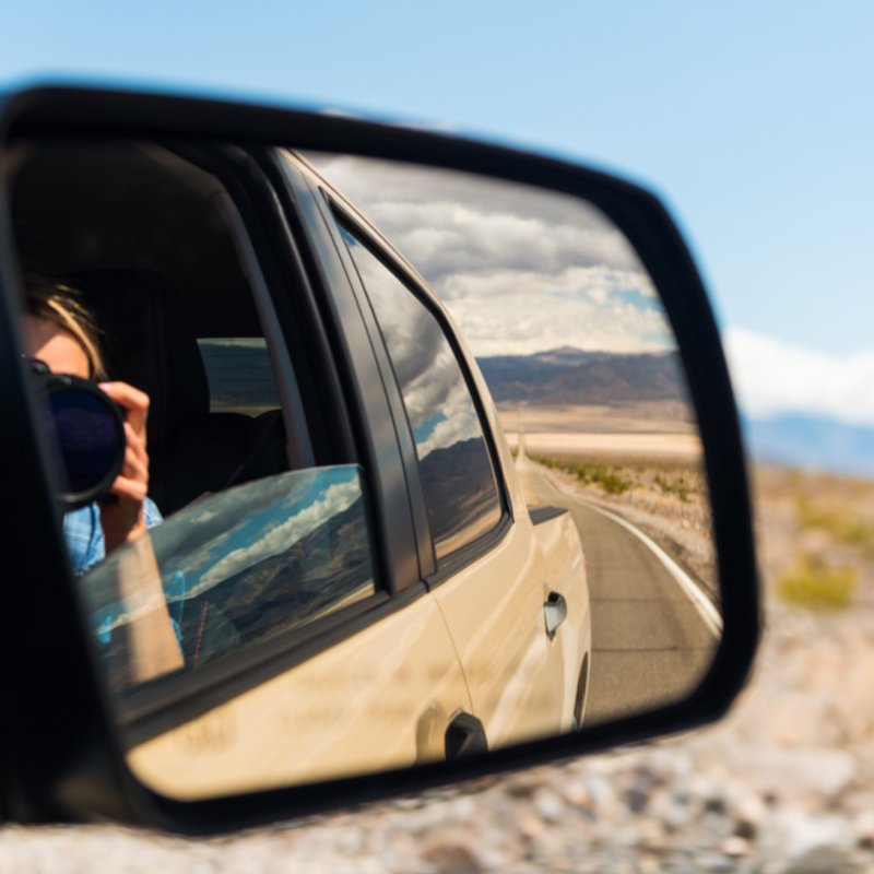 Death Valley Road Car Mirror Reflection