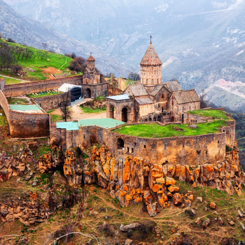 Aerial view of 9th-century Armenian Apostolic monastery located near the Tatev village in Armenia