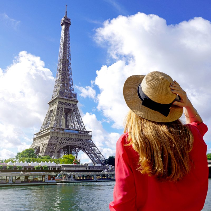 Woman with hat in front of Eiffel Tower Paris 