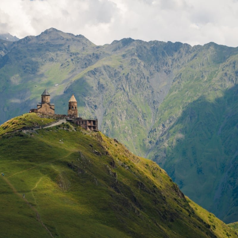 Gergeti Trinity Church infront of the Kaukasus Mountains in Georgia