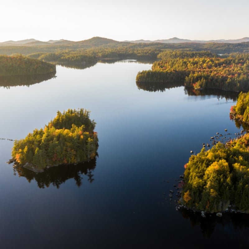 Drone image from Saranac Lakes, New York in the Adirondack mountains with beautiful lighting.