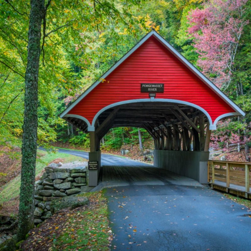 Red covered bridge in the White Mountains of New Hampshire.