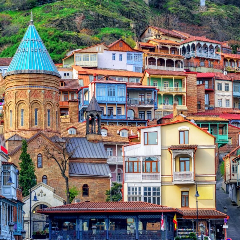 Colorful traditional houses with wooden carved balconies in the Old Town of Tbilisi, Georgia