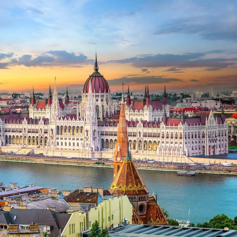 Aerial view of the parliament in Hungary at sunset