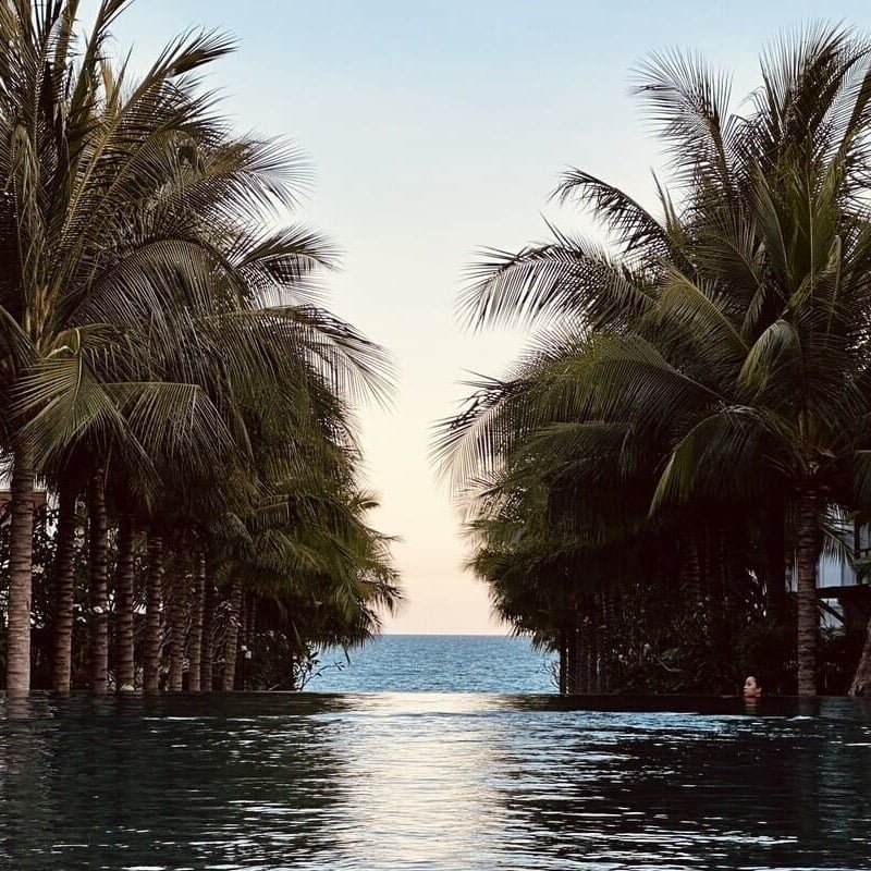 Palm Trees Lining The Extent Of An Infinity Pool In The Mui Ne Boutique Hotel, Mui Ne Phan Thiet Province, Southern Vietnam, Southeast Asia