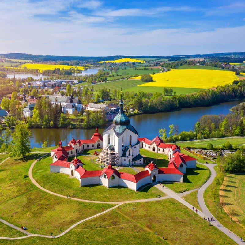 Top view of the church St. John of Nepomuk. Zdar nad Sazavou. Czechi