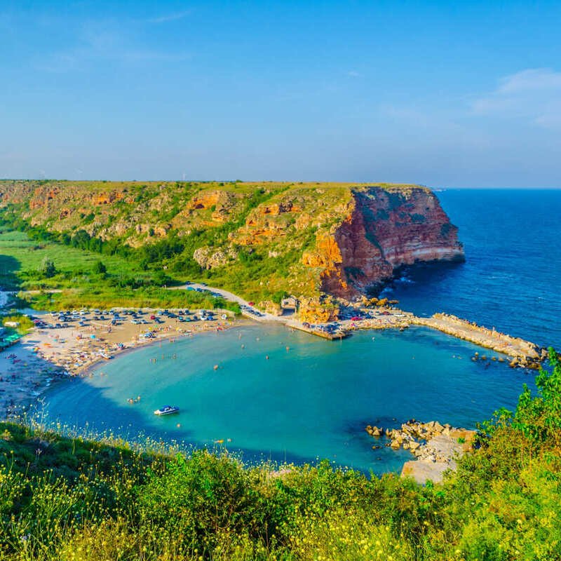 A Beach In Bulgaria On A Sunny Day Seen From Atop A Cliff, Black Sea Coast, Balkan Peninsula, South Eastern Europe