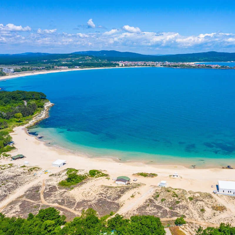 Aerial View Of A Sandy Beach Lapped By The Bright Blue Black Sea In Bulgaria, Eastern Balkans, South Eastern Europe