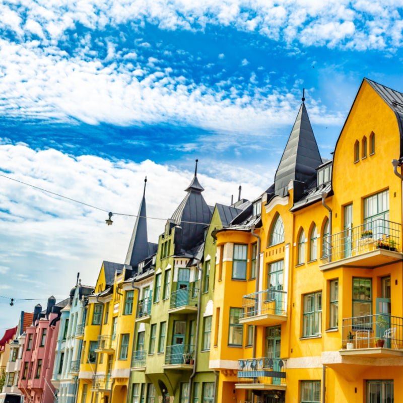 Multicolored facades of buildings in Helsinki, the capital of Finland