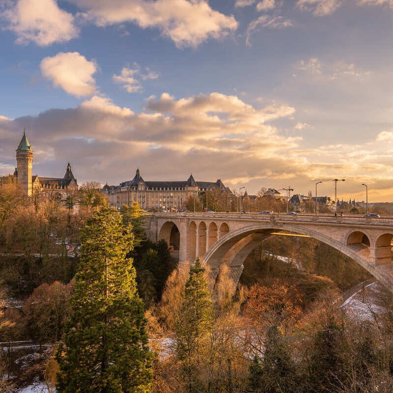 Panoramic View Of Adolf Bridge Spanning The City Of Luxembourg, Capital Of The Country Of Luxembourg, Western Europe