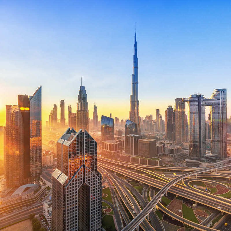 View Of The Dubai Skyline During Sunset, United Arab Emirates, Middle East