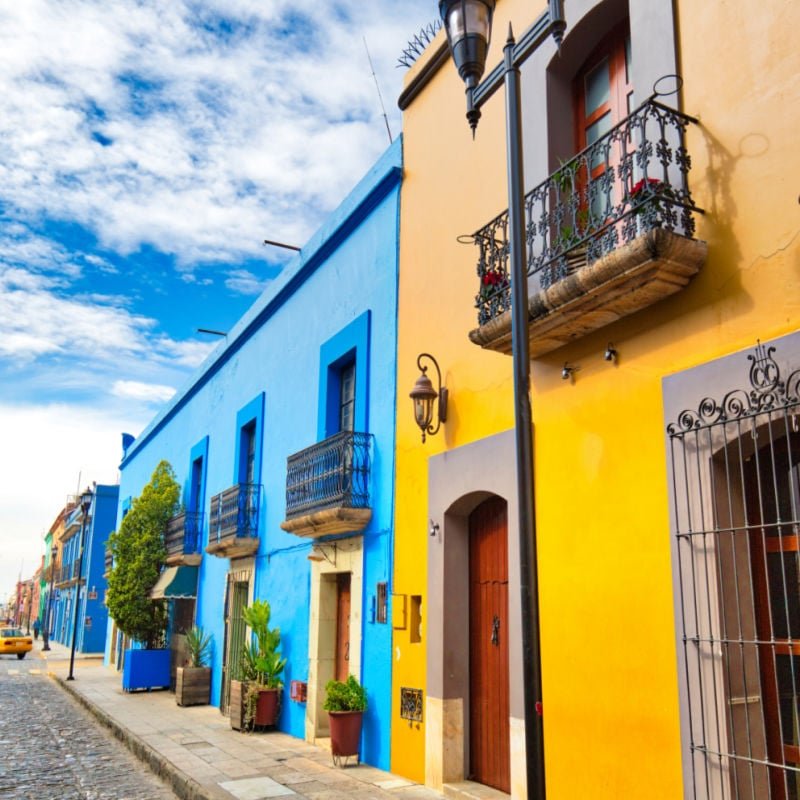 Scenic old city streets and colorful colonial buildings in historic city center of oaxaca mexico