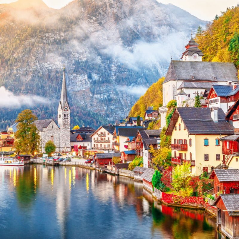 Lake Hallstatt, Austria. Hallstatt village on the bank of Hallstatter lake in High Alps mountains.