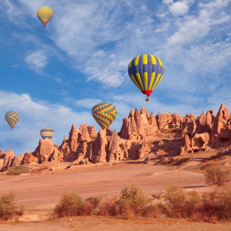 Cappadocia landscape and hot air balloons, Turkey