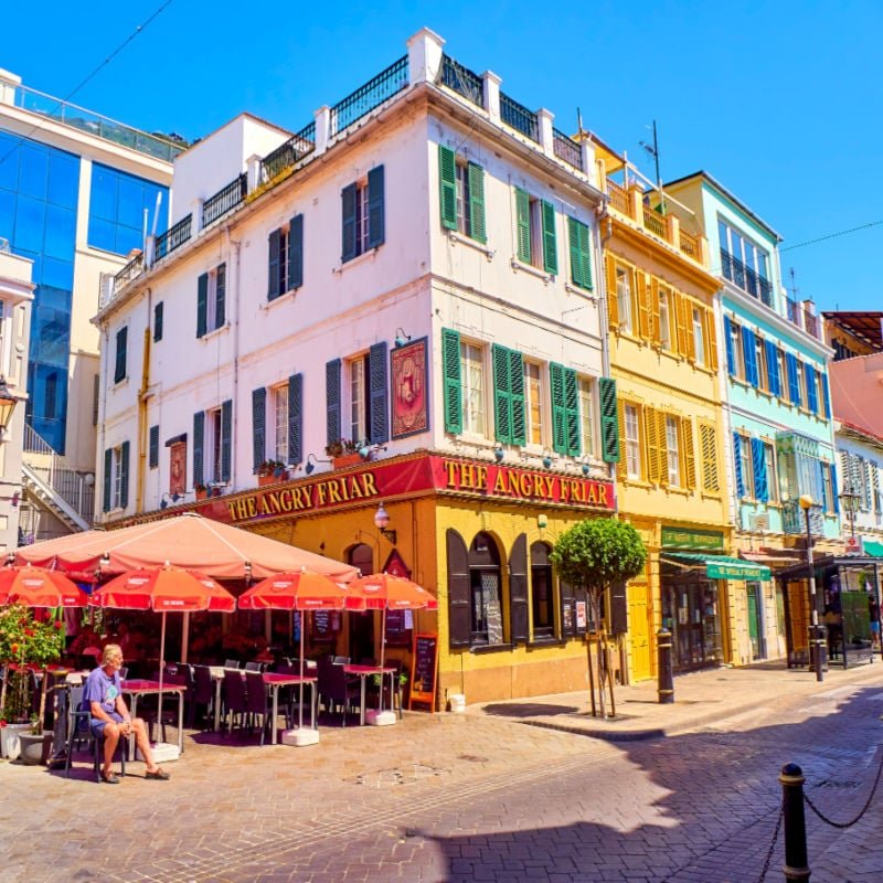 typical buildings of Gibraltar downtown. View from Main street. Gibraltar. British Overseas Territory. UK