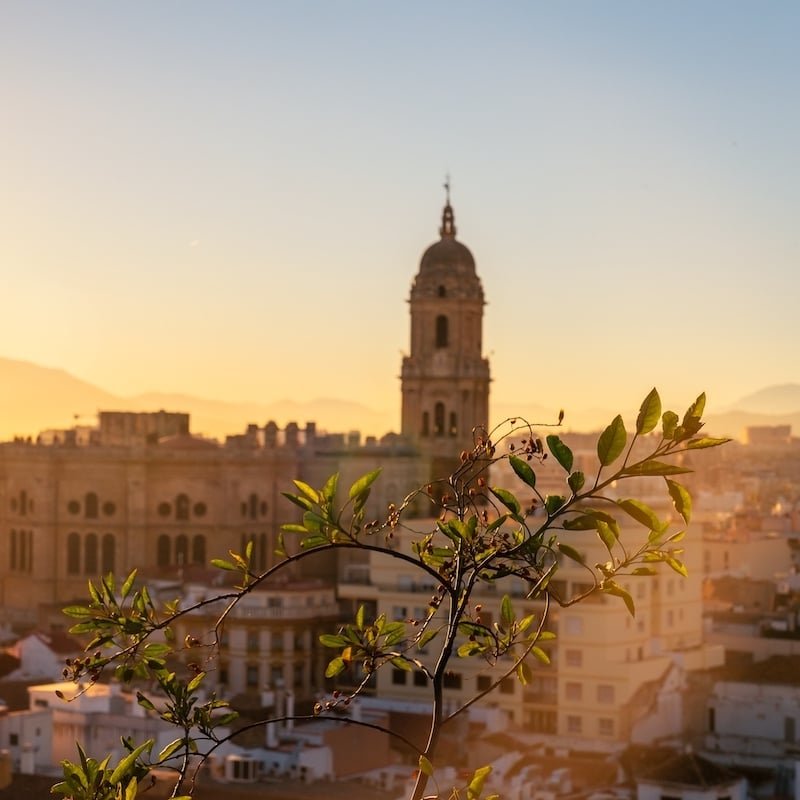 Sunset from the walls of the Alcazaba of the city of Malaga and in the background the Cathedral of the Incarnation of Malaga, Andalusia. Spain. Medieval fortress in arabic style