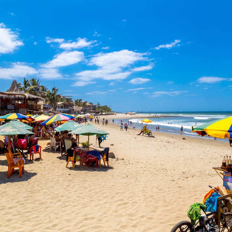 Colorful Parasols In A Beach In Mancora, A Surfer Town On The Peruvian Pacific Coast, Peru, South America