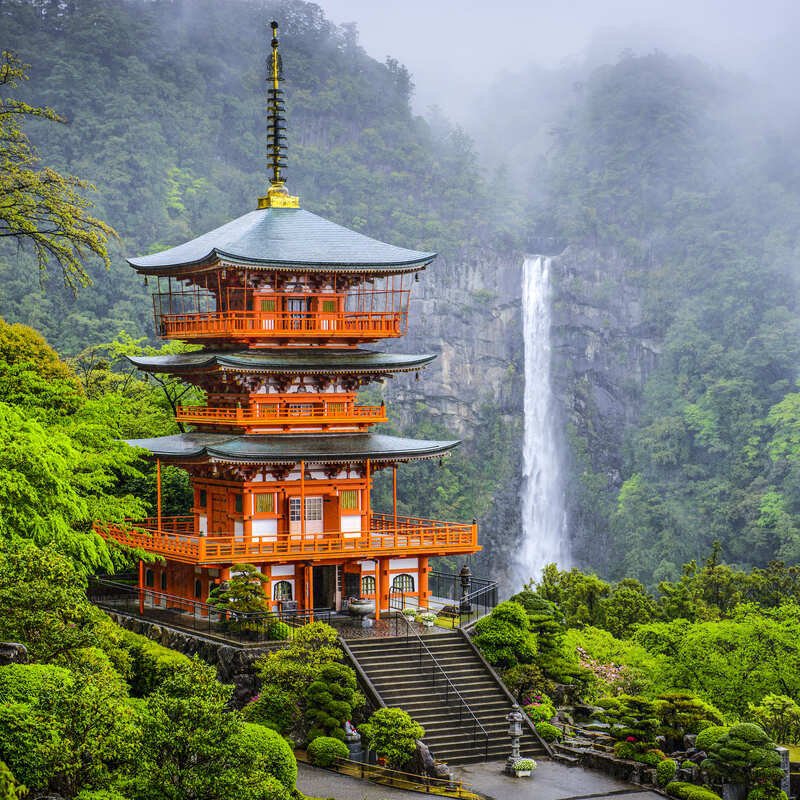 Picturesque Shrine Against A Waterfall In Nachi, Japan, East Asia