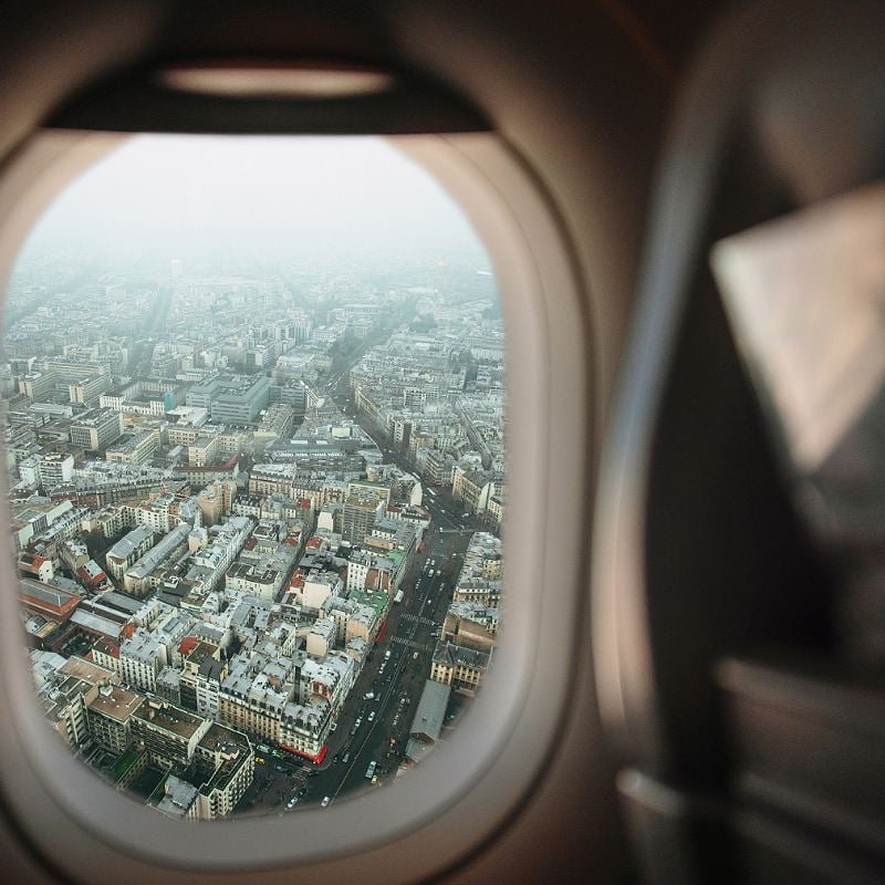 Airplane WIndow City View Flying Over Paris, Europe