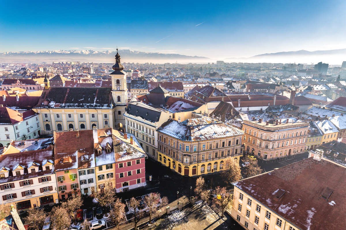 Aerial View Of The Old City Of Sibiu In Transylvania, Historical Region Of Romania, Eastern Balkans, Eastern Europe