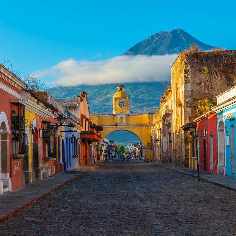 Santa Catalina Street, The Cobblestone Laden High Street In Antigua Guatemala, A Colonial Era Town In Guatemala, Central America, Latin America