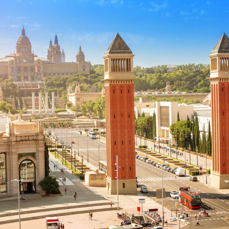 view of the place de espana and venetian towers in barcelona spain