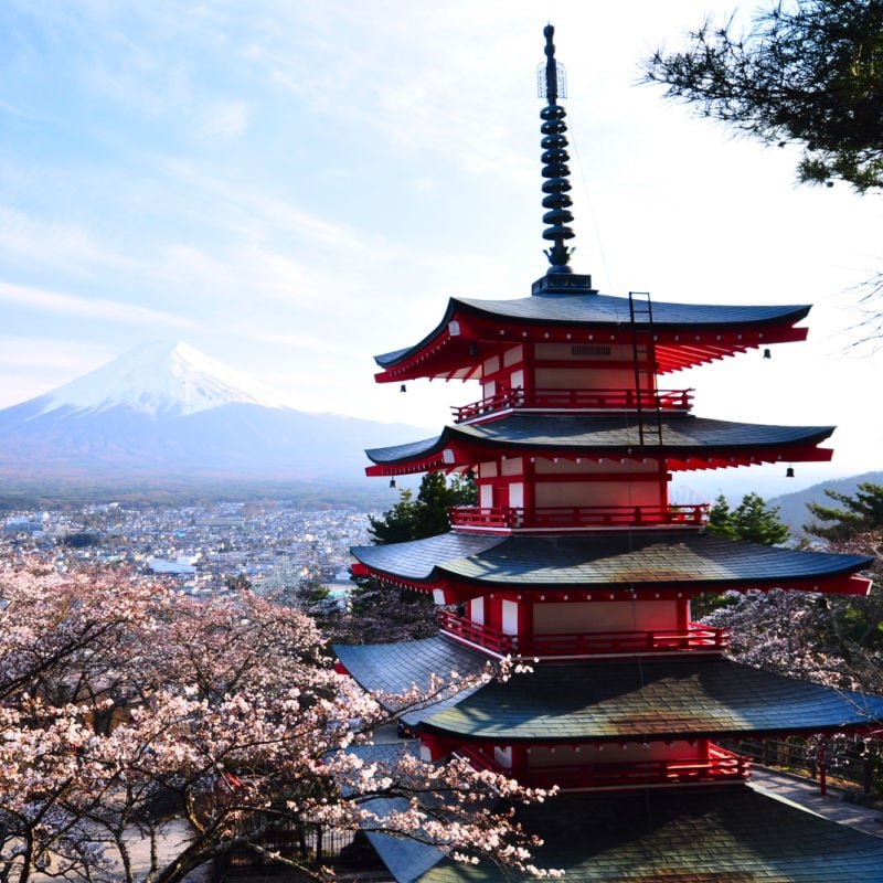 Red pagoda with Mt. Fuji as the background