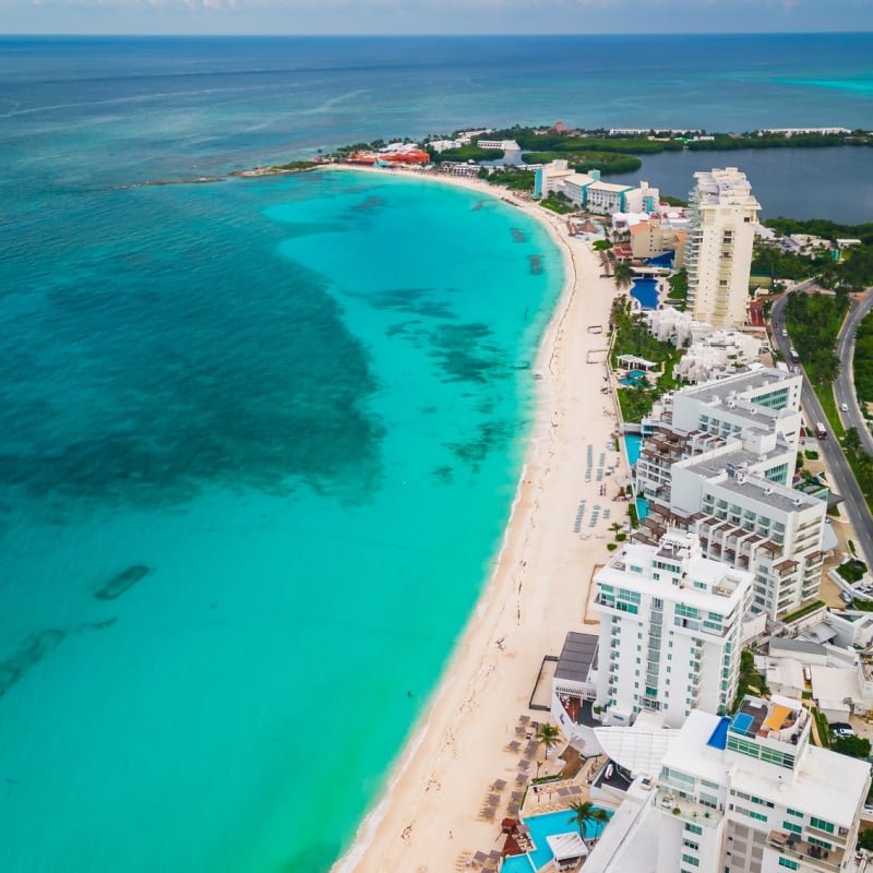 aerial shot of cancun resorts