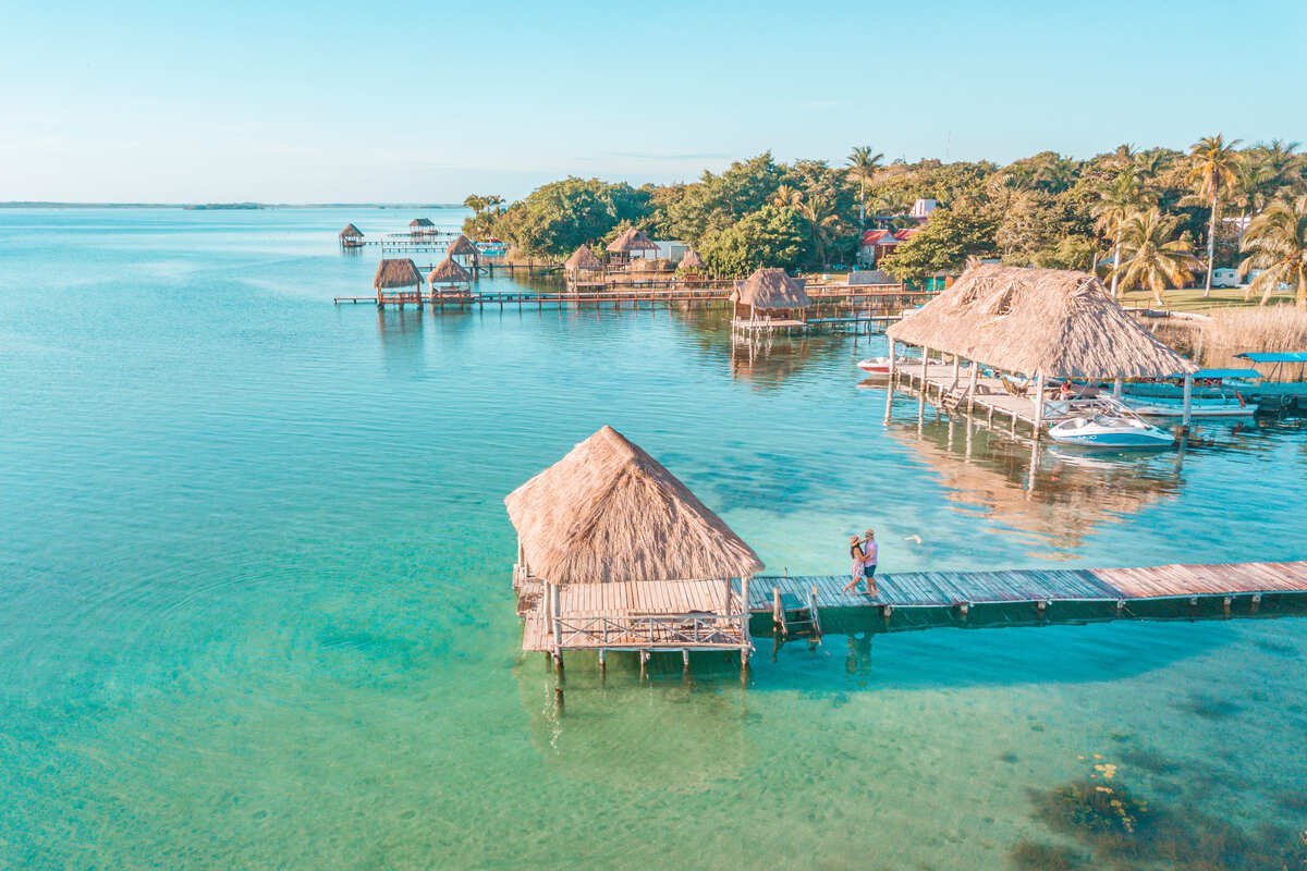 Aerial View Of A Palapa Hut At The End Of A Wooden Dock In Lake Bacalar, Bacalar, The Mexican Caribbean, Mexico